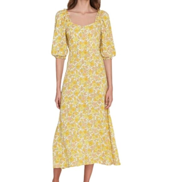 Faithfull The Brand Dress 10 Yellow Floral Puff Short Sleeve A-Line Midi Bronte - Picture 1 of 7